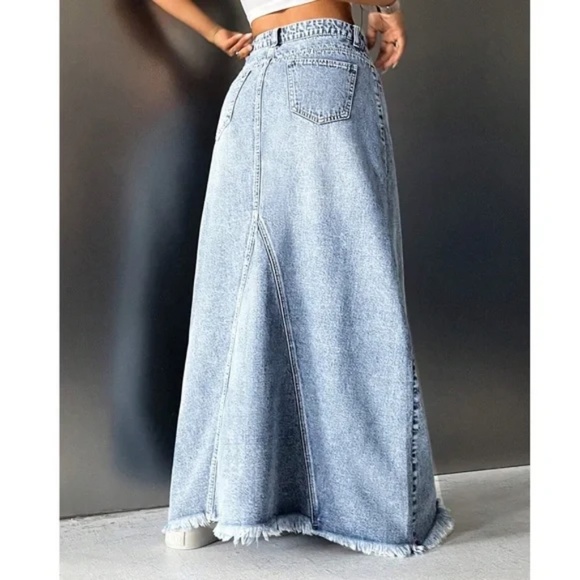 Boho Raw hem Jean Denim Pockets Maxi Skirt - Picture 2 of 6